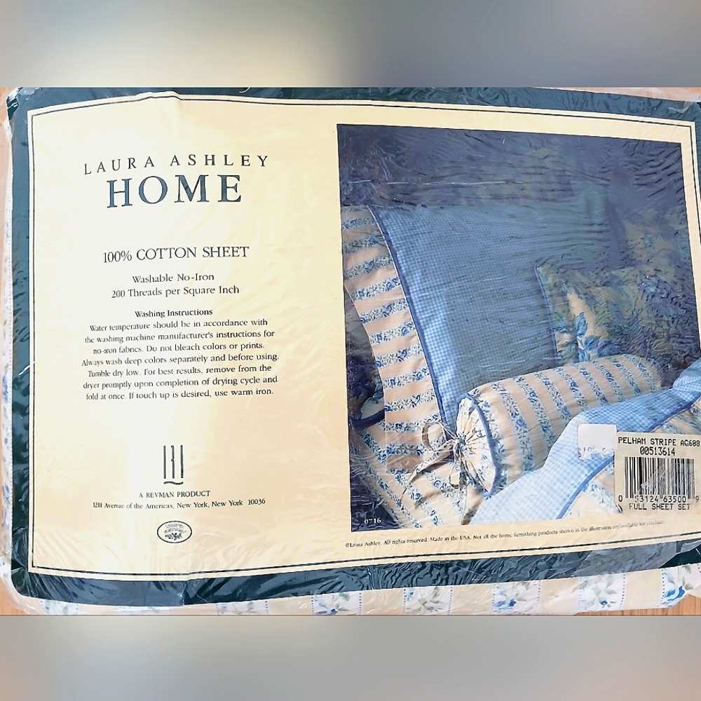 Laura Ashley Home Cotton Sheet-Blue & Pale Yellow Floral & Stripes. New In Pack